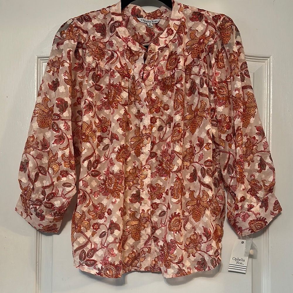 Ophelia & Co. Brown and Orange Blouse with Ruffled Bishop Sleeves